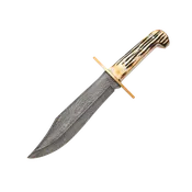 11 3/4″ Bowie Damascus Genuine India Stag Bone™ w/Leather Sheath