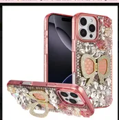 16 Pro Max Luxury Diamond Bow Tie Kickstand Case With Strap Pink