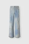 Baggy Trousers in Stone Wash Denim Print Viscose Marocain with Handmade Embroidery