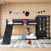 Aldira Twin XL Metal Bunk Bed with Slide, Basketball Hoop and Climbing Wall