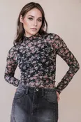High Neck Fitted Sheer Mesh Lace Knit Top
