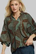 3/4 BALLOON SLEEVE ABSTRACT LEAF BLOUSE - TEAL