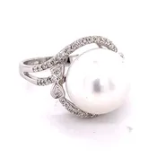 0.42ct Natural Diamond & South Sea Pearl 12.7mm Pave Dinner Ring 14K 585 S WG