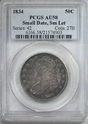 1834 Capped Bust Half Dollar 50C PCGS AU58 - Small Date, Small Letters