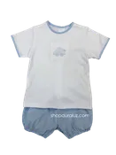 Auraluz 2pc Set...White knit top with embroidered wind up cars and blue check bloomer shorts