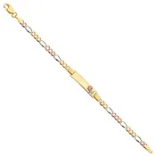 14K Tri-Color Gold Rose Flower Baby ID Bracelet with Figaro Chain