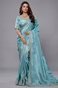 Aqua Blue Tissue Dola Silk Solid Saree with Readymade Blouse and Beaded Cutdana Work Border