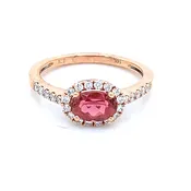 14K Rose Gold Oval Pink Tourmaline with Diamond Halo Ring