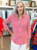 3/4 Sleeve Button Front Top Red Stripe by Lulu B