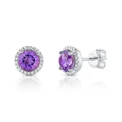 14K Gold 1.61 Carat Amethyst Diamond Halo Stud Earrings
