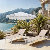 Amalfi 103.15" White Water Resistant Fabric And Aluminum Patio Umbrella with Base Set (Matte White Aluminum / Teak Aluminum Finish)