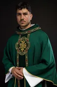 Chasuble with richly embroidered belt and piping around the IHS I collar embroidery in green