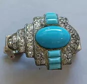 1950s white metal rhinestone & blue glass stone hair pin made from repurposed dress clip. ac-h-0163