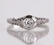 Antique 18K White Gold Diamond Engagement Ring: Arts & Crafts Floral Filigree | Copper Canary Fine Jewelry