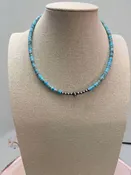 4mm Sterling Pearls and Sterling Saucer Accent Bead Turquoise Choker - 14 inch
