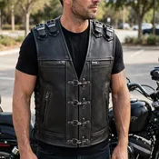 Black Biker Vest | Cowhide Leather | Men's
