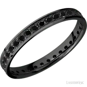 3 mm wide/Flat/Zirconium band with an Eternity arrangement of .03 carat Round Black Diamond stones in a Bead setting.