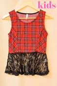 Girl's Sleeveless Plaid Peplum Top with Lace Detail