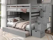 Bedz King Full Over Full Stairway Bunk Bed in Gray with Full Trundle