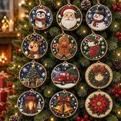 12 Pcs Christmas DIY Ornaments, Wooden Pearl Art Rhinestone Pendants Kit with Hemp Rope, Xmas Tree Hanging Decorations, Holiday Craft Gifts for Kids Adults, Handmade Tree Decor