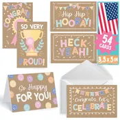 54 Graduation Cards with Envelopes – Congrats Cards for 2026 Grads – Blank Notecards for Kindergarten, Middle School & College