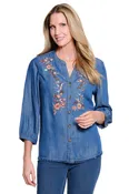 3/4 SLEEVE BUTTON FRONT FRINGE HEM EMBROIDERED TOP - DENIM