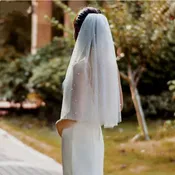 1-Layer Elbow Length Pearl Bridal Veil with Metal Comb, Polyester Cut Edge