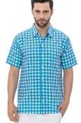 Allover Pirate Ship Wheel and Teal Blue Checks Printed White Rayon Men's Shirt P00350