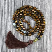 108 Mala Beads Tigers Eye Stone Tassel Necklace