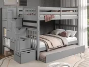 Bedz King Full Over Full Stairway Bunk Bed in Gray with Twin Trundle