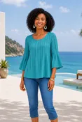 Cotton Pleated 3/4 Sleeve Top
