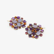 JUDY GEIB 18K & SILVER KALEIDOSCOPE EARRINGS WITH AMETHYST, CHALCEDONY, PINK TOURMALINE & CARNELIAN