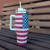 AMERICAN FLAG RHINESTONE STAINLESS STEEL TUMBLERS 40oz