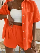 Long Sleeve Single-breasted Top Broad-legged Shorts Set Fashion Ladies Sexy Solid Suits 2022 Summer 2 Piece Outfits For Women