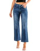 2024 Dark Blue Women's Casual Flare High Waisted Jeans Wide Leg Relaxed Fit Stretch Ruched Denim Pants Trouser