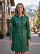 Emerald Green Leather Coat with Leopard Print Trim