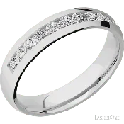 5 mm wide/Domed/Cobalt Chrome band with a Half Eternity arrangement of .07 carat Round Diamond stones in a Channel setting.
