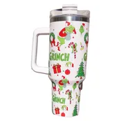 Christmas 2025 Grinch 40oz Insulated Tumbler with Handle and Straw Car Travel Mug, Hot & Cold Stainless Steel Cup