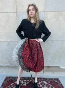 50s Red Taffeta Skirt, Black Floral Flocking