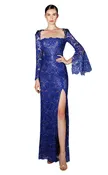 Gemy Maalouf BC1451 Royal Blue Sheath Gown with Sequined Embroidery & Side Slit