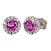 14K White Gold Pink Sapphire Diamond Halo Stud Earrings