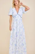 Floral Toile Print Bubble Sleeve Maxi Dress