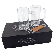 Beer Set with Two 14 oz. Mugs and Rawhide Leatherette Bottle Opener