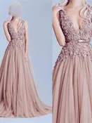 Dusty Pink Tulle Off Shoulder Lace Long Best Sale Prom Dresses,PD0066