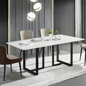 63" Rectangular Stone Dining Table with Black Metal Frame