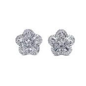 14K White Gold Baguette Diamond Flower Earrings
