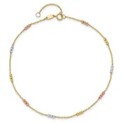 10K Tri-Color Beaded Anklet - 9"