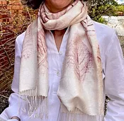 "Botanical Banyan Print" Raw Silk Scarf, with REAL Banyan tree leaf imprints, (VIDEO) watch it being made