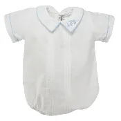 Baby Boys White Bubble Romper Pintucks Blue Trim
