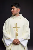 Ecru chasuble with cross and alfa omega symbols